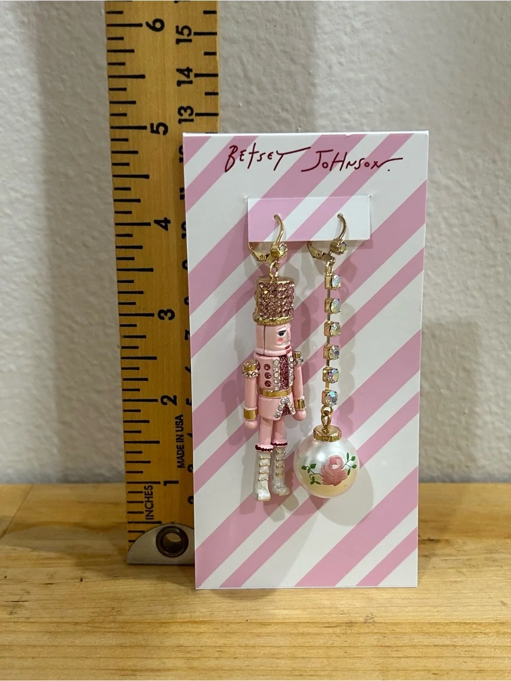 Betsey Johnson Pink Nutcracker Pearl Mismatched Christmas Earrings Bling